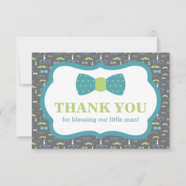 Little Man Thank You Card, Teal, Lime Green, Gray Card (Front)