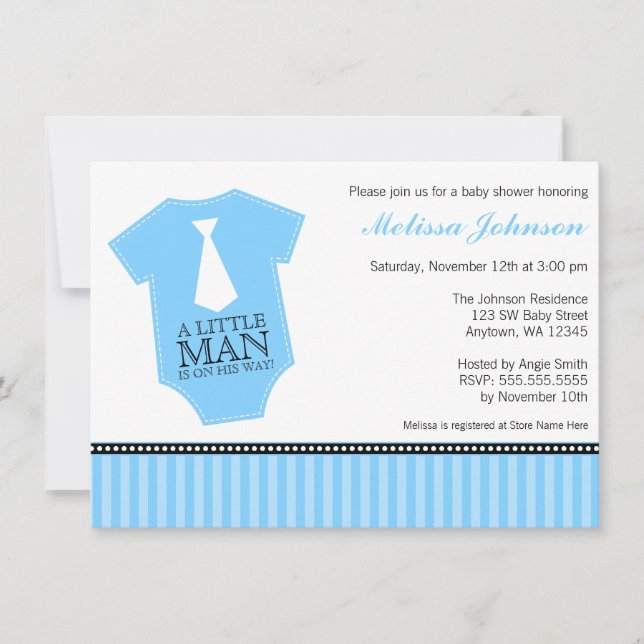 Little Man Tie Bodysuit Blue Black Boy Baby Shower Invitation (Front)