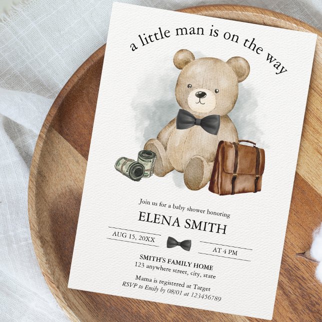 Little Man Way Teddy Bear Tux Bow Tie Baby Shower Invitation (Creator Uploaded)
