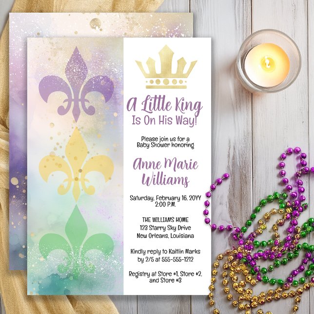 Little Mardi Gras King Baby Shower  Invitation (Little Mardi Gras King Baby Shower Invitation with Crown & Fleur-de-Lis -- Print | Digital Download)