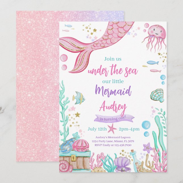 Little Mermaid 1st Birthday Invitation (Front/Back)