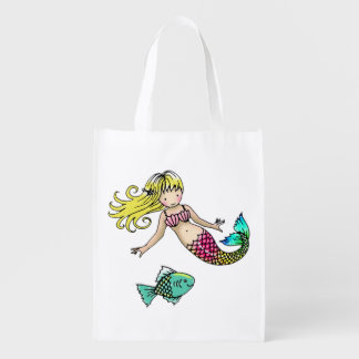 Little Mermaid and Fish Illustration Reusable Grocery Bag