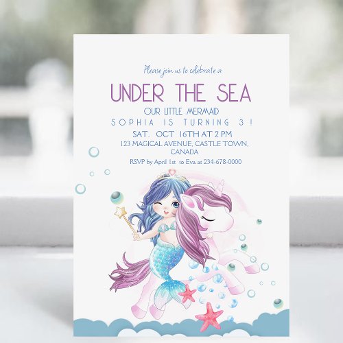 Little Mermaid and Magic Little Girly Birthday  Invitation