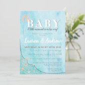 Little Mermaid Baby Shower Blue Watercolor Fish Invitation (Standing Front)