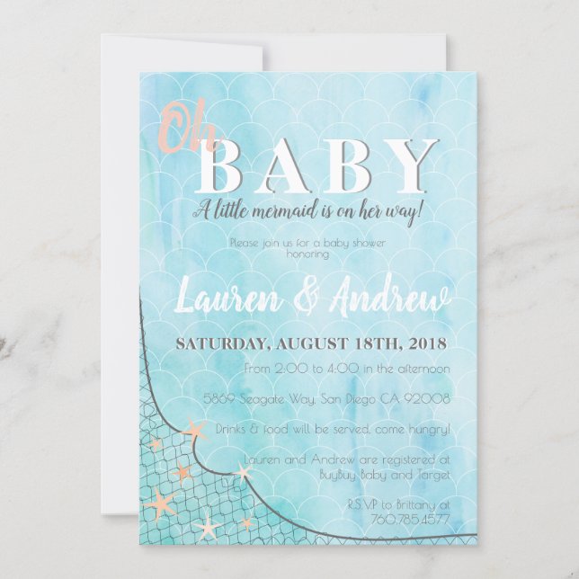 Little Mermaid Baby Shower Blue Watercolor Fish Invitation (Front)