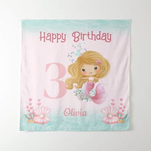 Little Mermaid Birthday Pink Banner  Tapestry