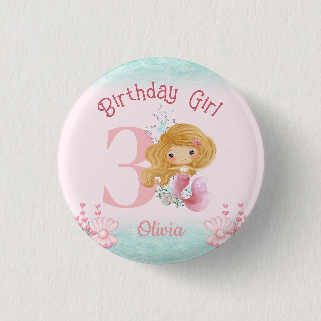 Little Mermaid Birthday Pink Button (Front)