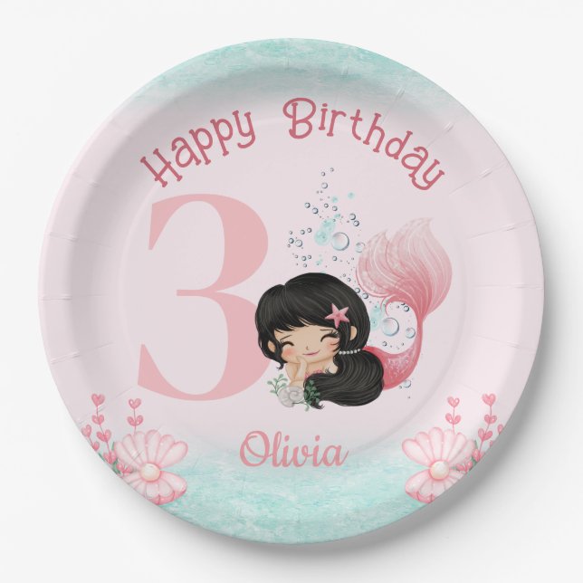 Little Mermaid Birthday Pink Paper Plates (Front)
