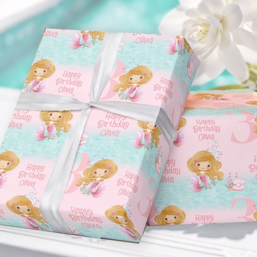 Little Mermaid Blond Hair Pink Girl  Wrapping Paper