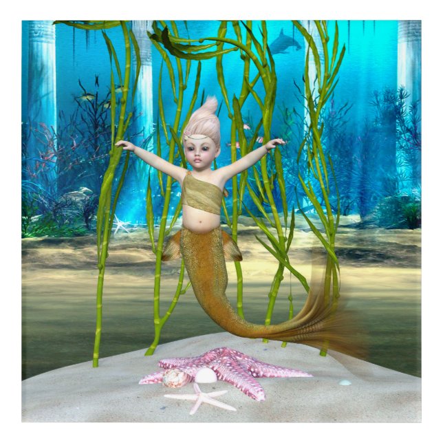Little Mermaid Cute Fantasy Girl, Blue Ocean Acrylic Print (Front)