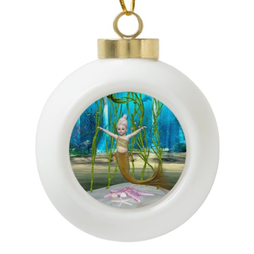 Little Mermaid Cute Fantasy Girl, Blue Ocean Ceramic Ball Christmas Ornament