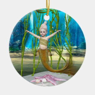 Little Mermaid Cute Fantasy Girl, Blue Ocean Ceramic Ornament