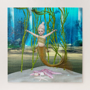 Little Mermaid Cute Fantasy Girl, Blue Ocean Jigsaw Puzzle