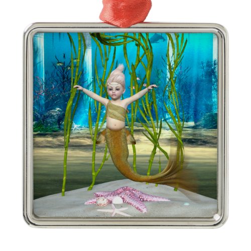 Little Mermaid Cute Fantasy Girl, Blue Ocean Metal Ornament