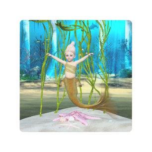 Little Mermaid Cute Fantasy Girl, Blue Ocean Metal Print