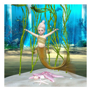 Little Mermaid Cute Fantasy Girl, Blue Ocean Photo Print