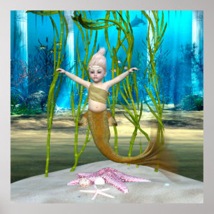 Little Mermaid Cute Fantasy Girl, Blue Ocean Poster