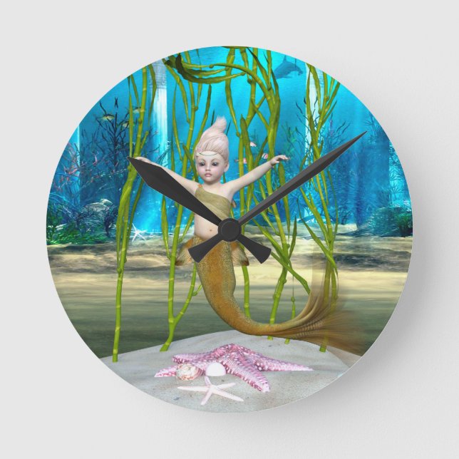 Little Mermaid Cute Fantasy Girl, Blue Ocean Round Clock (Front)
