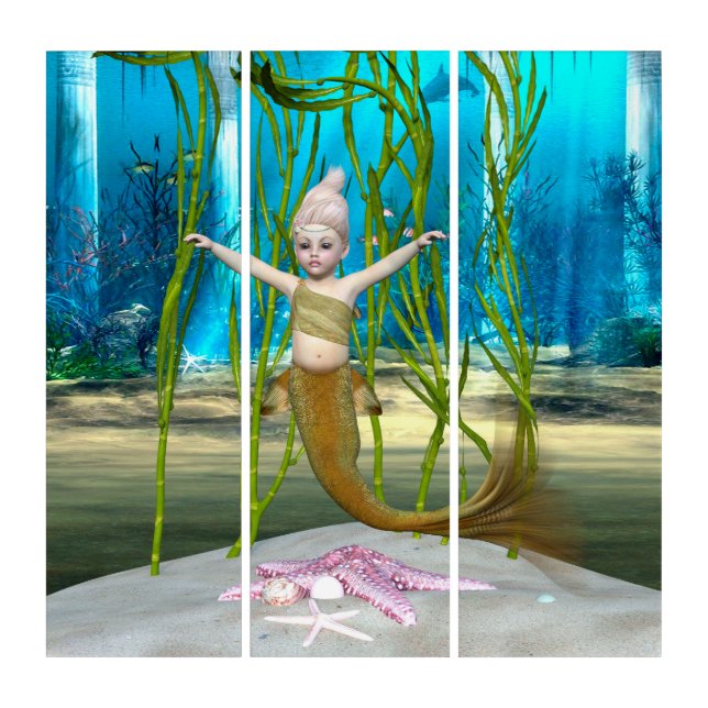 Little Mermaid Cute Fantasy Girl, Blue Ocean Triptych (Front)