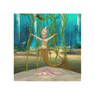 Little Mermaid Cute Fantasy Girl, Blue Ocean Wood Wall Art
