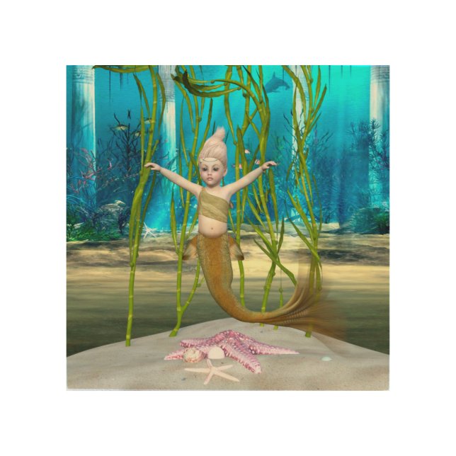 Little Mermaid Cute Fantasy Girl, Blue Ocean Wood Wall Art (Front)