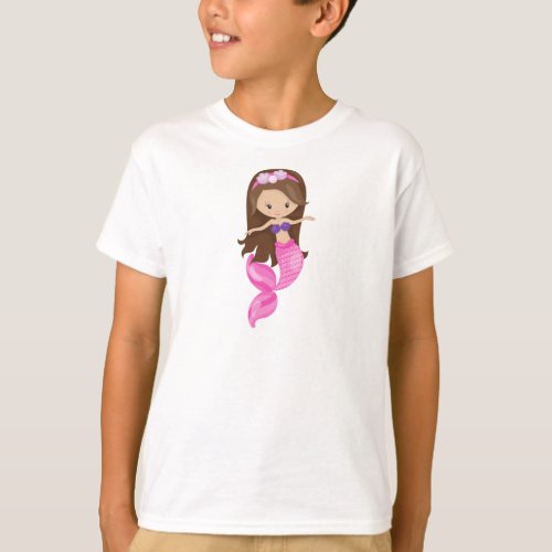 Little Mermaid Cute Mermaid Brown Hair Shells T_Shirt