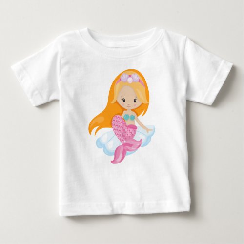Little Mermaid Cute Mermaid Orange Hair Shells Baby T_Shirt
