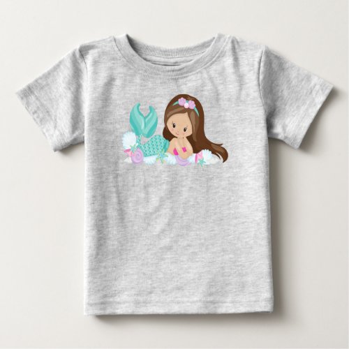 Little Mermaid Cute Mermaid Shells Brown Hair Baby T_Shirt