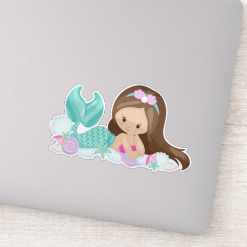 Little Mermaid Cute Mermaid Shells Brown Hair Sticker