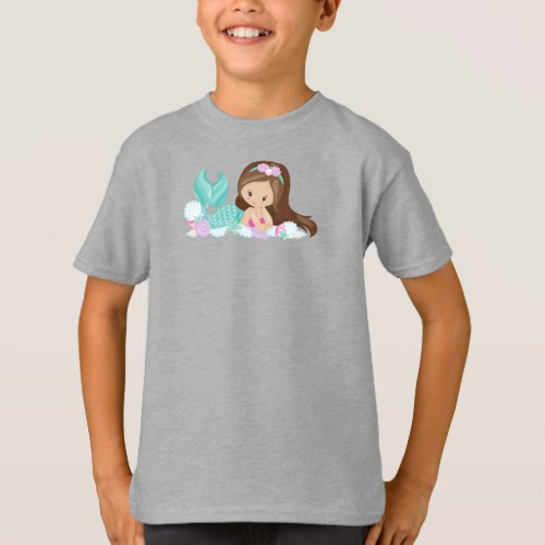 Little Mermaid Cute Mermaid Shells Brown Hair T_Shirt