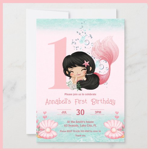 Little Mermaid Dark Hair Pink 1st Birthday Invitation