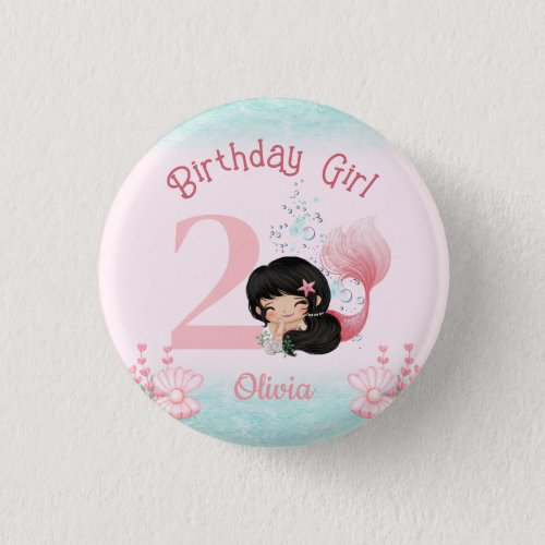 Little Mermaid Dark Hair Pink Birthday Button