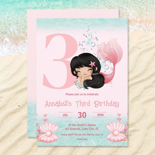 Little Mermaid Dark Hair Pink Girl Birthday Invitation