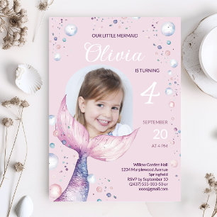 Little Mermaid Girl Birthday Photo Invitation