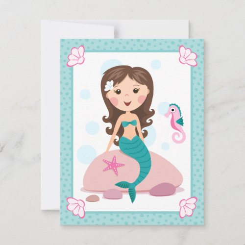 Little mermaid girl cute flat thank you note cards