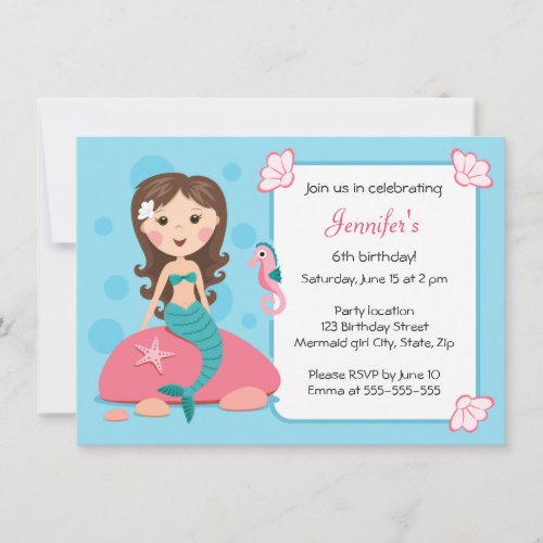 Little mermaid girl cute girly birthday invitation
