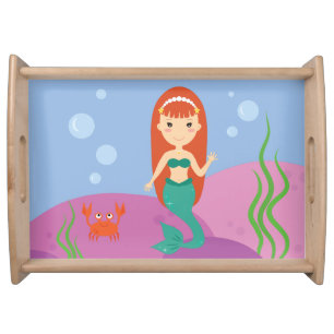 Little mermaid girl underwater landscape ocean serving tray