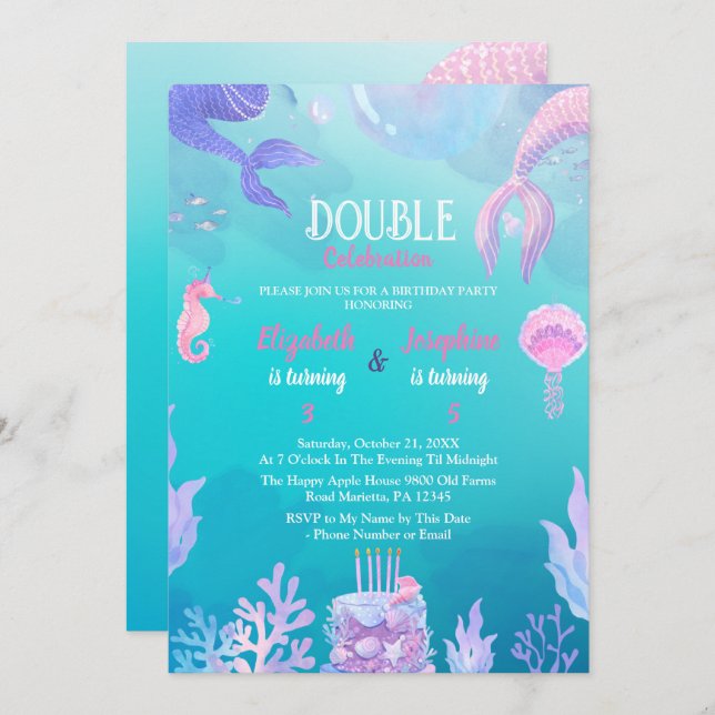 Little Mermaid kids Double Celebration Birthday   Invitation (Front/Back)