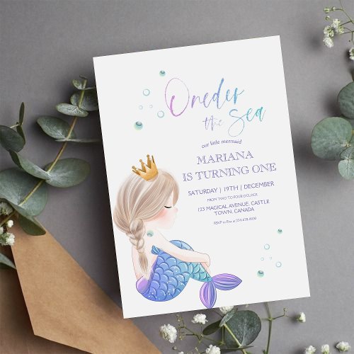 Little Mermaid Ocean Water Sea Girly 1st Birthday Invitation