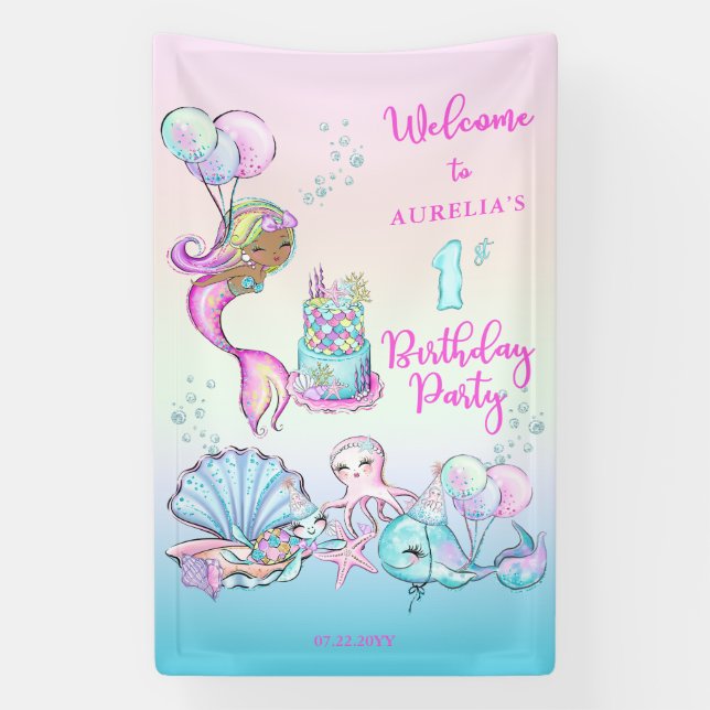 Little Mermaid of Color - Girl 1st Birthday Party Banner (Vertical)