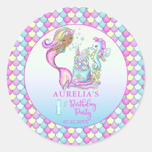 Little Mermaid of Color _ Girl 1st Birthday Party Classic Round Sticker