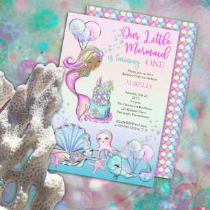 Little Mermaid of Color Girl 1st Birthday Party Invitation