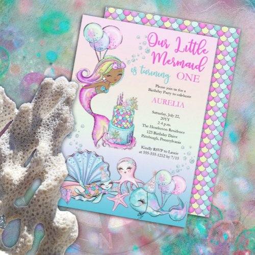 Little Mermaid of Color Girl 1st Birthday Party Invitation