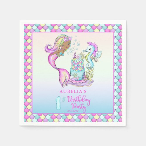 Little Mermaid of Color _ Girl 1st Birthday Party Napkins