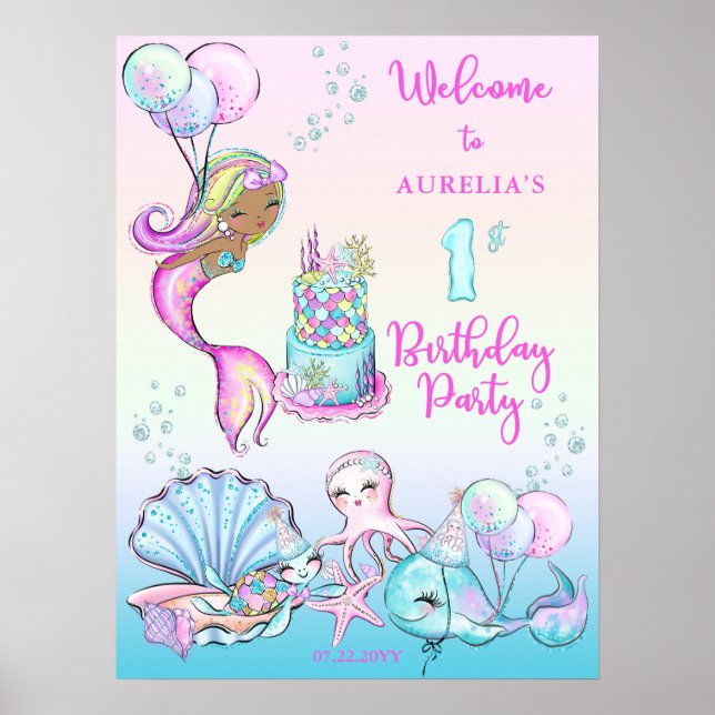 Little Mermaid of Color - Girl 1st Birthday Party Poster (Front)