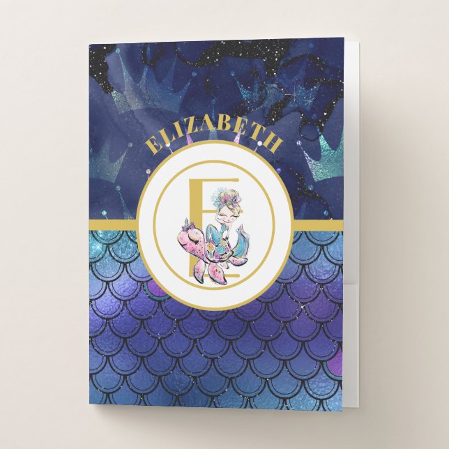 Little Mermaid on Sea Turtle Monogram Girls Scales Pocket Folder (Front)