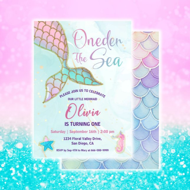 Little Mermaid ONEder The Sea 1st Birthday Party  Invitation (Pink and gold Mermaid 1st Birthday Party Invitation)