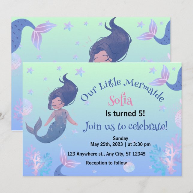 Little Mermaid  Pink 5th Birthday Invitation (Front/Back)