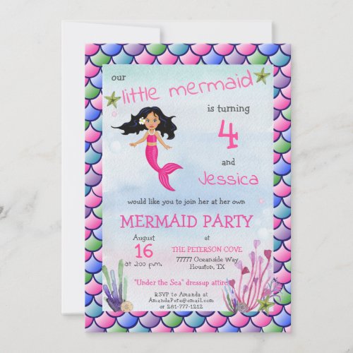 Little Mermaid Pink Blue Birthday Party Invitation