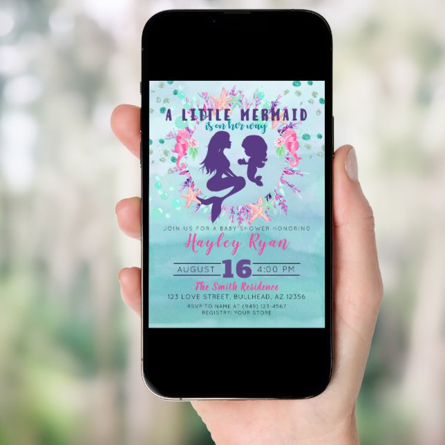 Little Mermaid Purple Teal Floral Baby Shower Invitation (Front Digital)